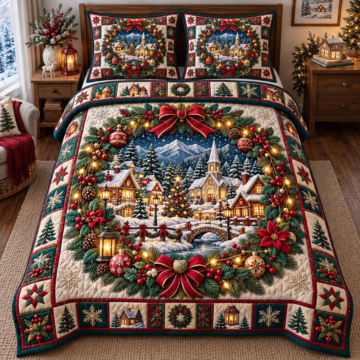 Village 3 Piece Quilted Bedding Set Christmas Gift For Holiday Decor Lovers