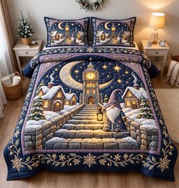 Moonlit Gnome Village 3 Piece Quilted Bedding Set Gift For Holiday Decor Lovers