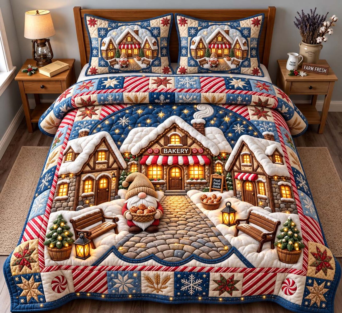 Bakery Village 3 Piece Quilted Bedding Set Christmas Gift For Holiday Decor Lovers