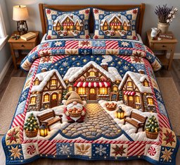 Bakery Village 3 Piece Quilted Bedding Set Christmas Gift For Holiday Decor Lovers