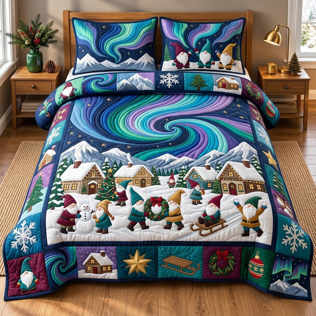 Gnome Aurora Village 3 Piece Quilted Bedding Set Christmas Gift For Holiday Decor Lovers
