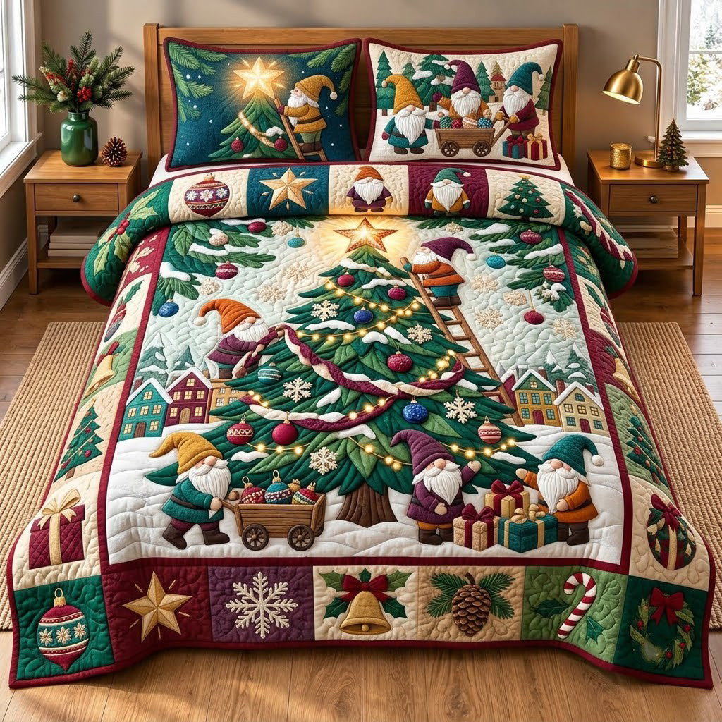 Gnome Tree 3 Piece Quilted Bedding Set Christmas Gift For Holiday Decor Lovers