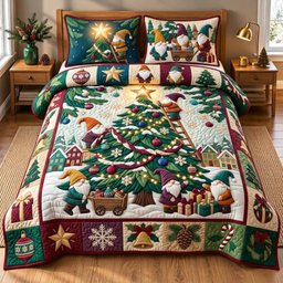 Gnome Tree 3 Piece Quilted Bedding Set Christmas Gift For Holiday Decor Lovers