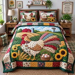 Patchwork Hen Farm 3 Piece Quilted Bedding Set Gift For Farmhouse Decor Lovers