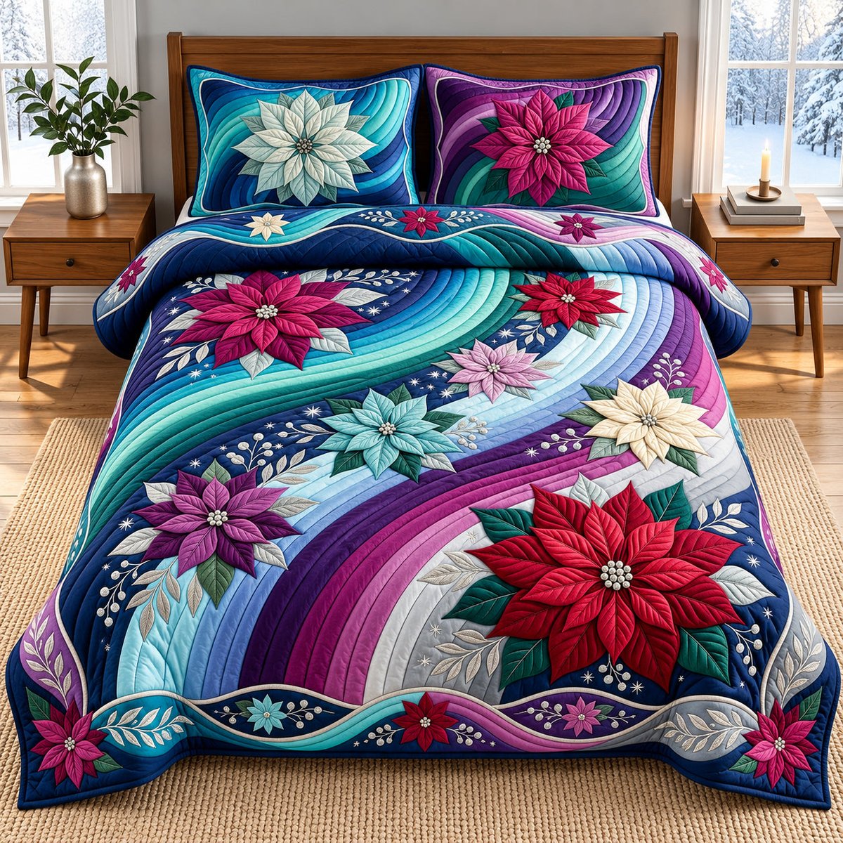 Poinsettia Aurora Waves 3 Piece Quilted Bedding Set Gift For Nature Lovers