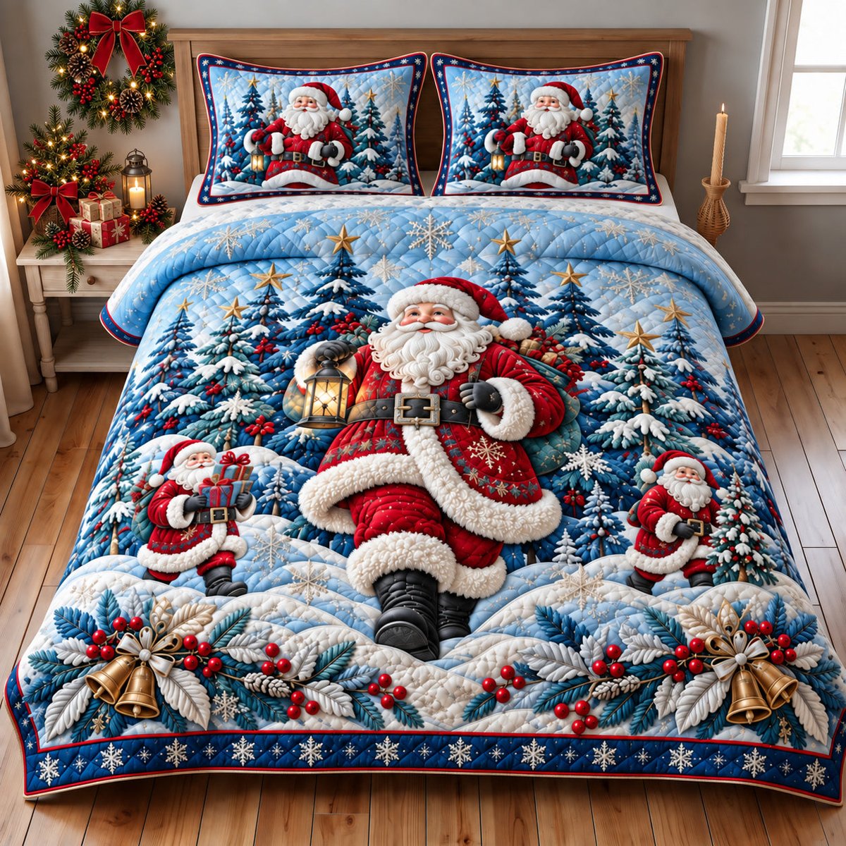 Winter Santa 3 Piece Quilted Bedding Set Christmas Gift For Holiday Decor Lovers