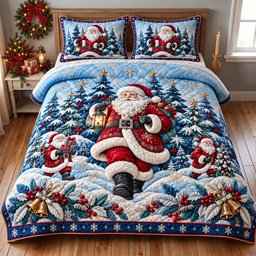 Winter Santa 3 Piece Quilted Bedding Set Christmas Gift For Holiday Decor Lovers