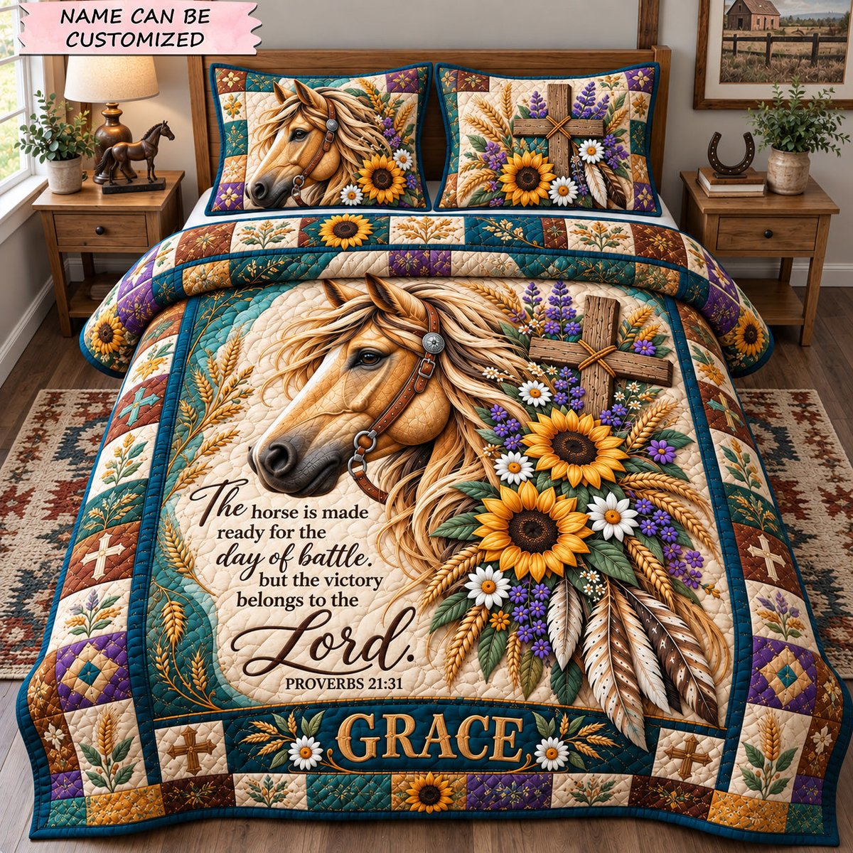 Faith and Sunflower Horse 3 Piece Quilted Bedding Set Gift For Horse Lovers