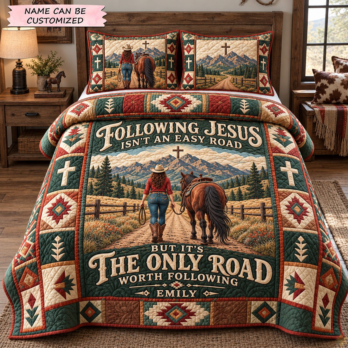 Following Jesus on the Cowboy Trail 3 Piece Quilted Bedding Set Gift For Christians