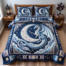 Moonlit Dragon 3 Piece Quilted Bedding Set Gift For Fantasy Lovers