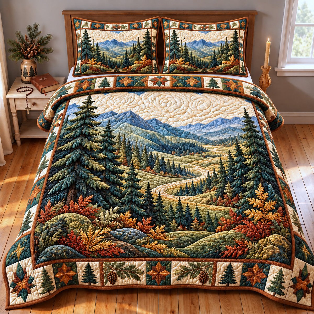 Autumn Mountain 3 Piece Quilted Bedding Set Gift For Nature Lovers