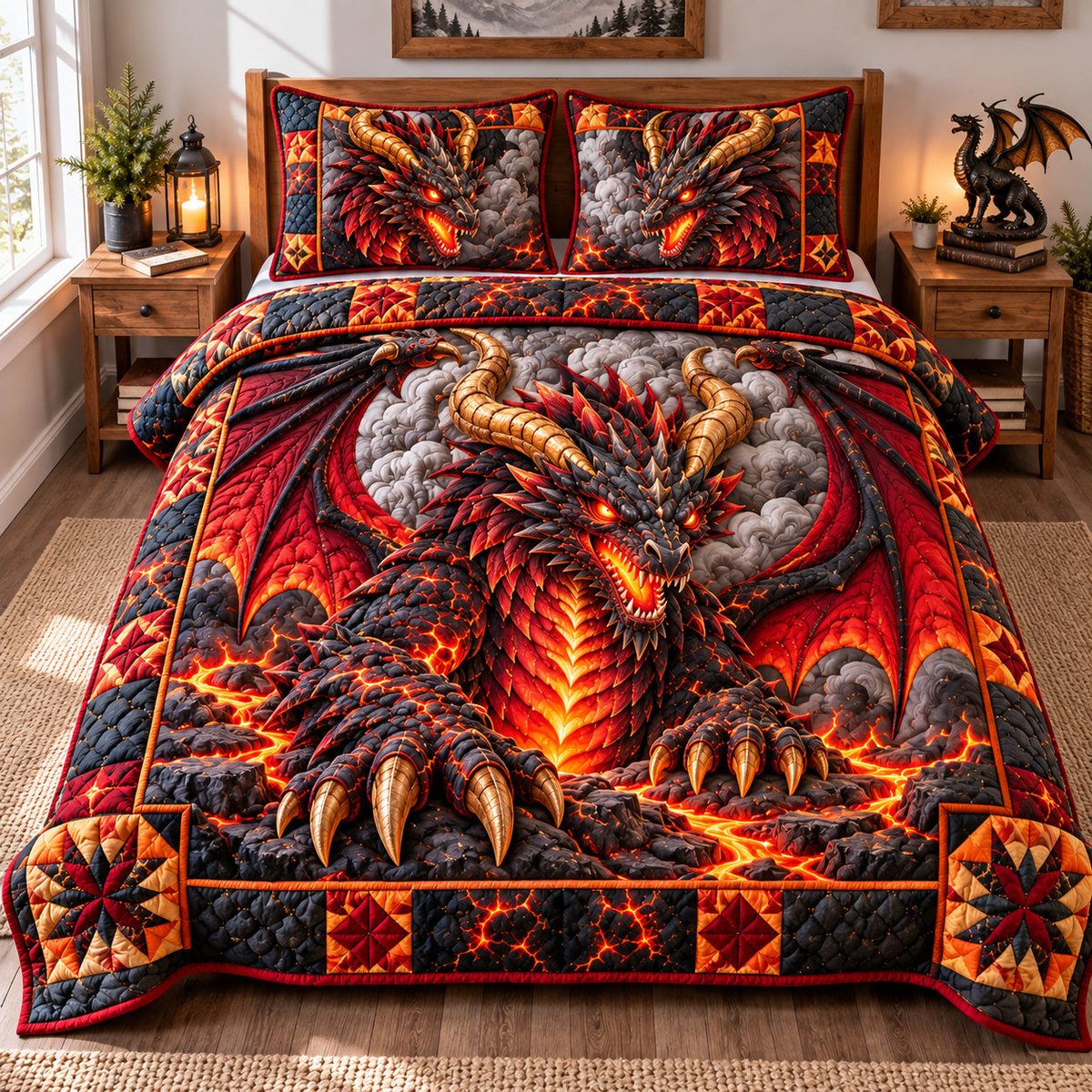 Dragon Fantasy Realm 3 Piece Quilted Bedding Set Gift For Fantasy Lovers