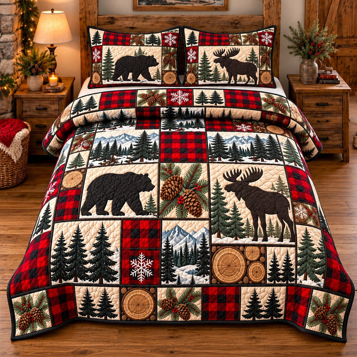 Crimson Forest Patchwork Deer 3 Piece Quilted Bedding Set Gift For Nature Lovers