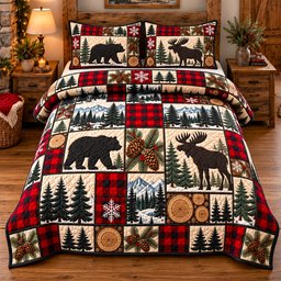 Crimson Forest Patchwork Deer 3 Piece Quilted Bedding Set Gift For Nature Lovers
