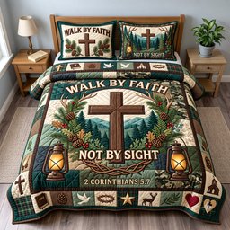 Faith Not Sight Christian 3 Piece Quilted Bedding Set Gift For Christians