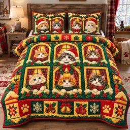 Cats at the Window 3 Piece Quilted Bedding Set Christmas Gift For Cat Lovers
