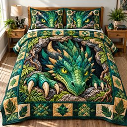 Dragon Mystic Kingdom 3 Piece Quilted Bedding Set Gift For Fantasy Lovers