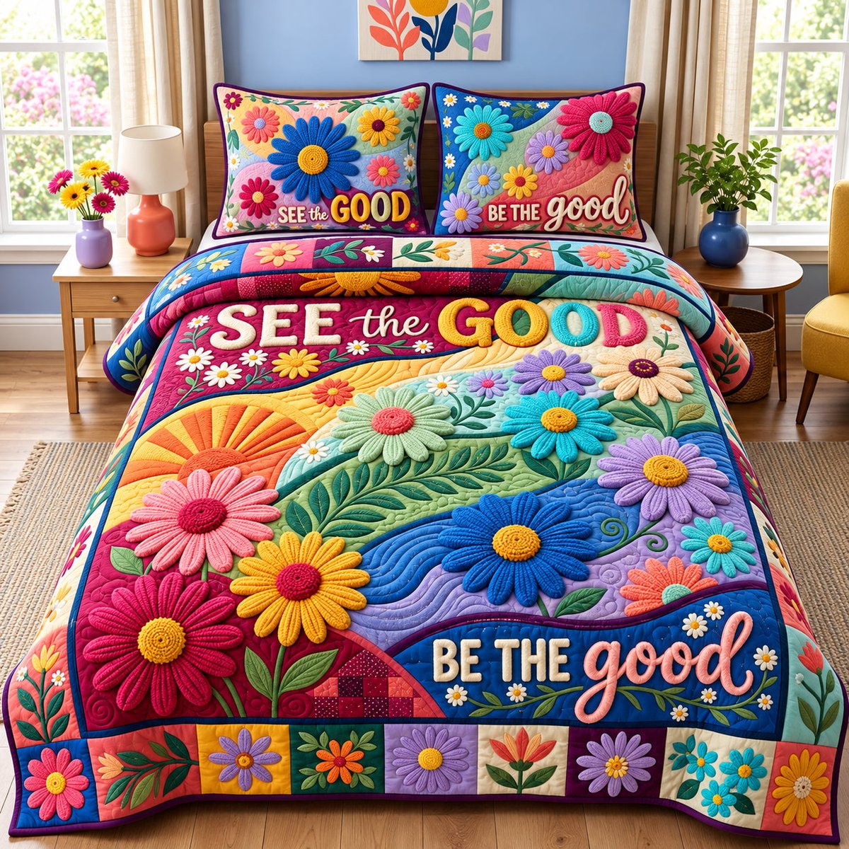 Be the Good 3 Piece Quilted Bedding Set Gift For Flower Lovers