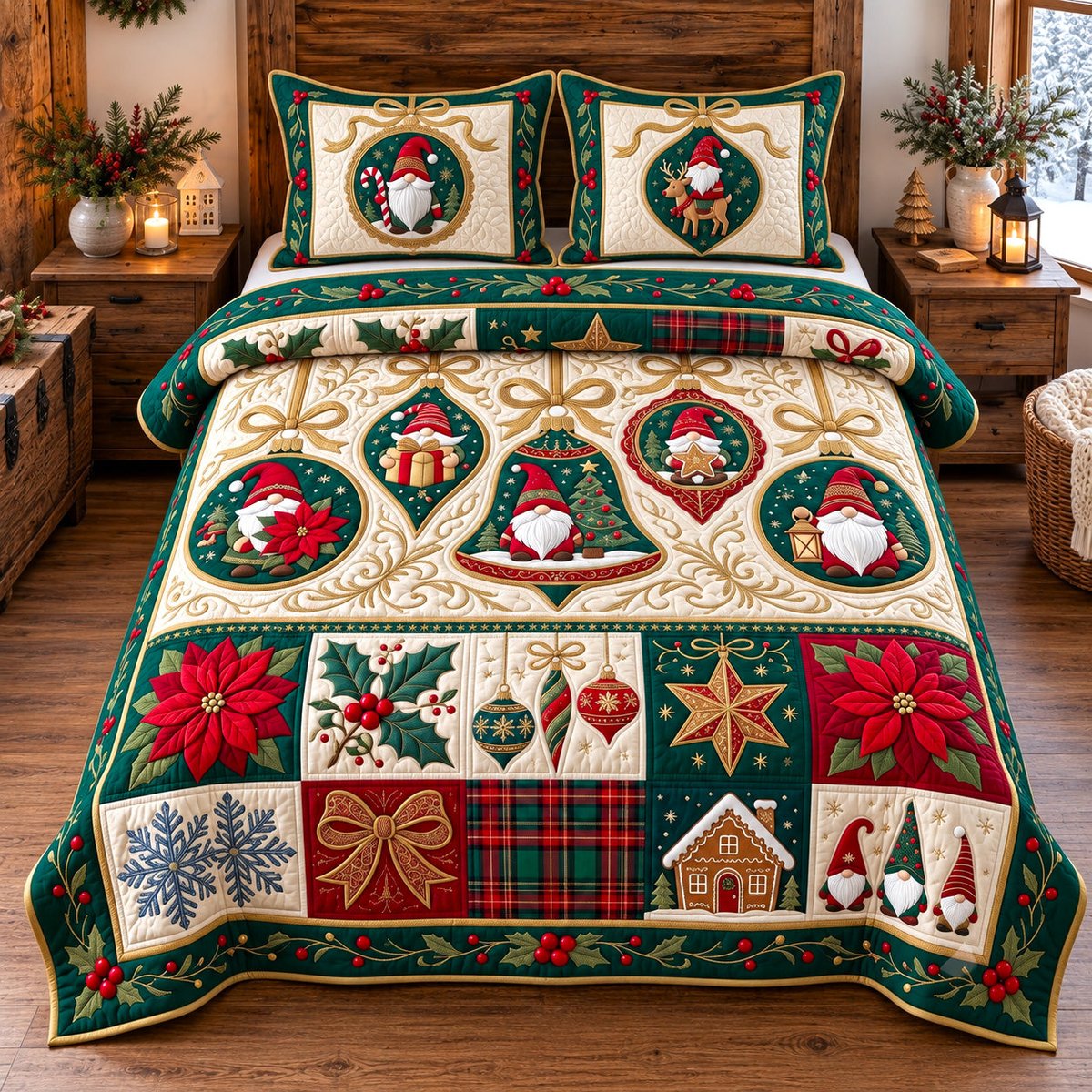 Gnome Ornament Patchwork 3 Piece Quilted Bedding Set Christmas Gift For Holiday Decor Lovers