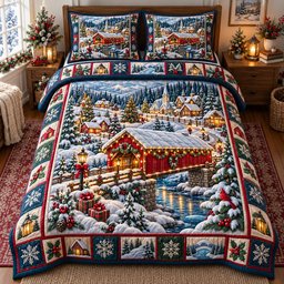 Village 3 Piece Quilted Bedding Set Christmas Gift For Holiday Decor Lovers