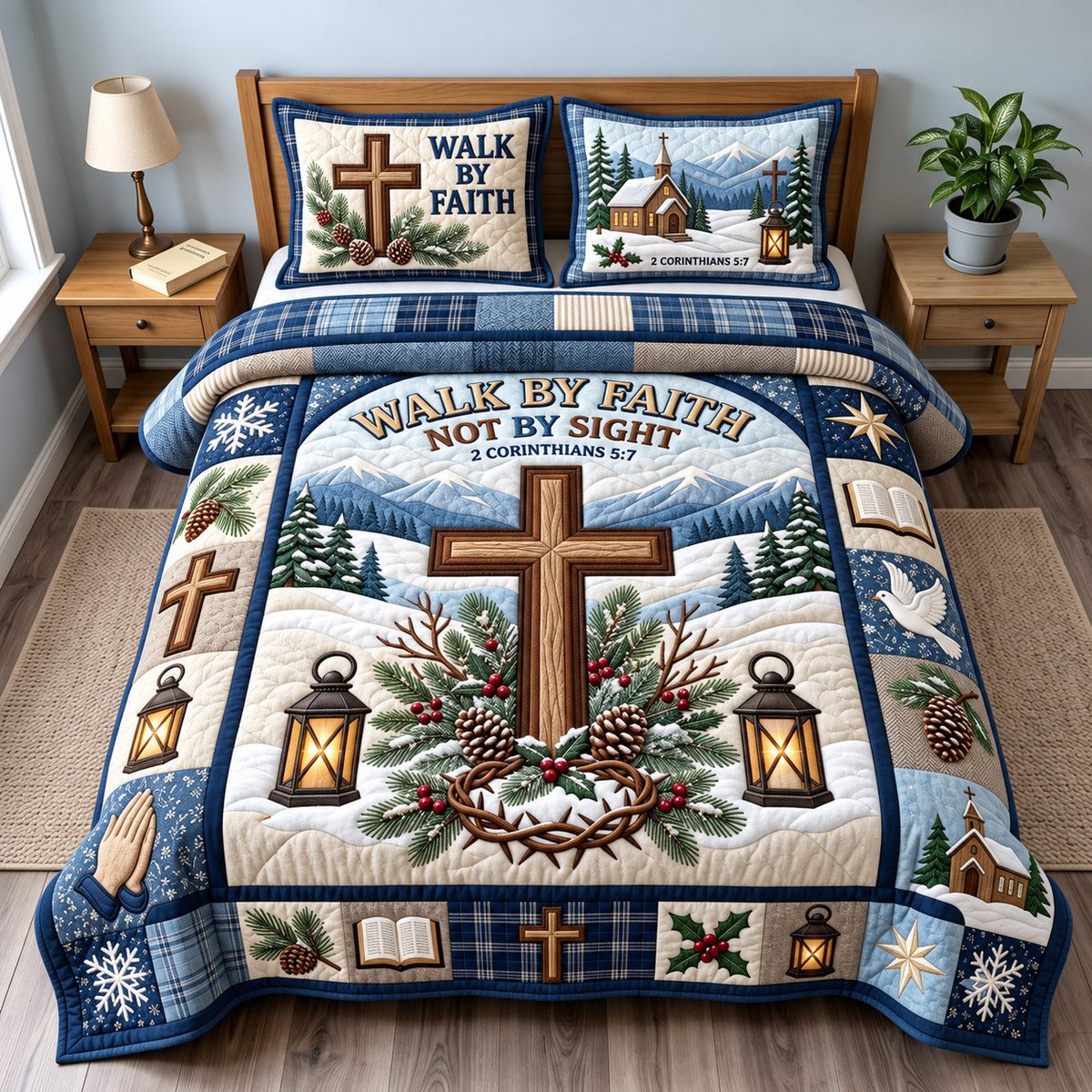Walk by Faith Christian 3 Piece Quilted Bedding Set Gift For Christians