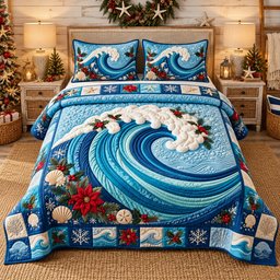 Poinsettia Ocean Wave Beach 3 Piece Quilted Bedding Set Gift For Beach Lovers