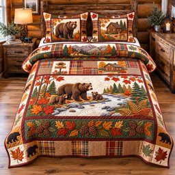 Autumn Forest Patchwork 3 Piece Quilted Bedding Set Gift For Nature Lovers