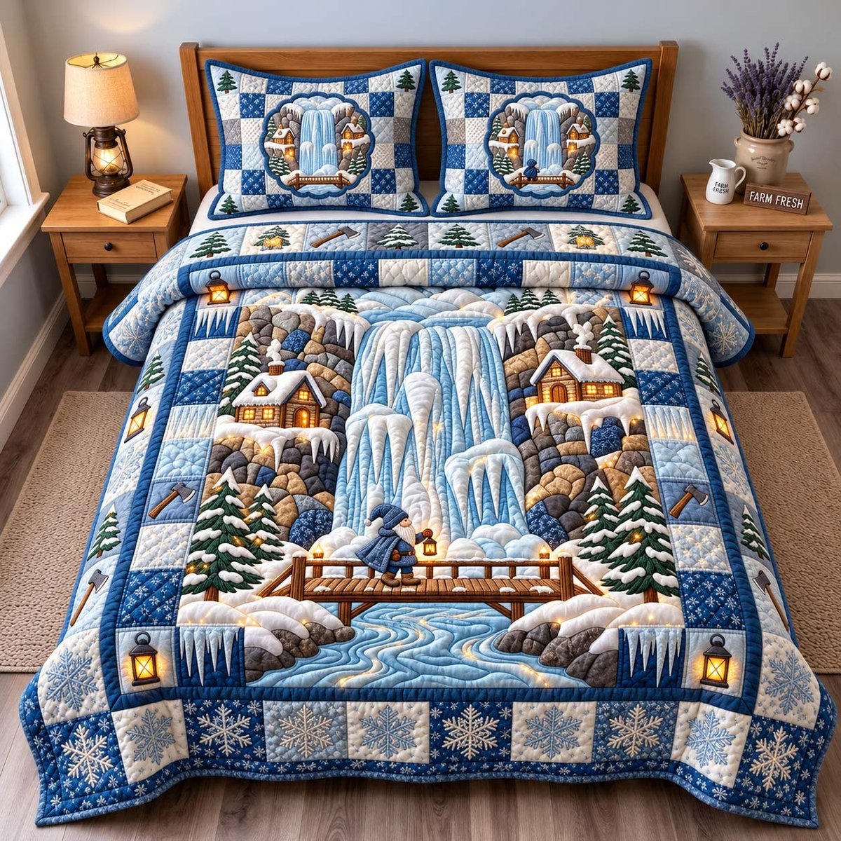 Frozen Falls Village 3 Piece Quilted Bedding Set Gift For Holiday Decor Lovers