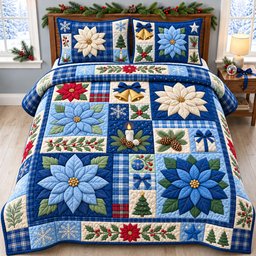 Winter Blue Poinsettia 3 Piece Quilted Bedding Set Gift For Nature Lovers