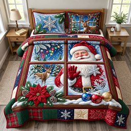Santa Window 3 Piece Quilted Bedding Set Christmas Gift For Holiday Decor Lovers