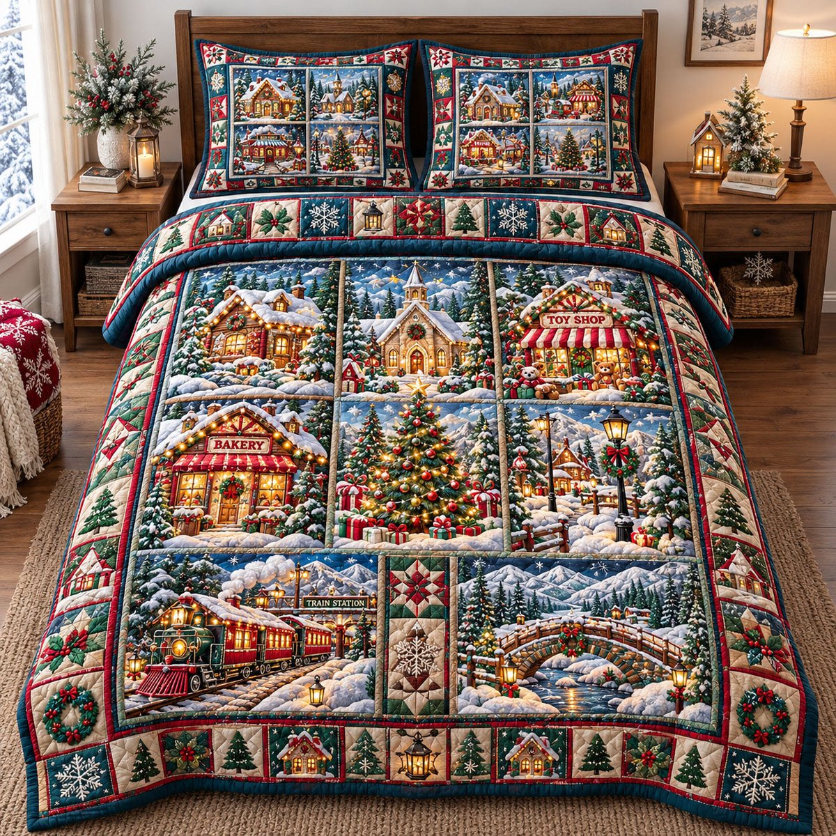 Village 3 Piece Quilted Bedding Set Christmas Gift For Holiday Decor Lovers