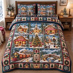 Village 3 Piece Quilted Bedding Set Christmas Gift For Holiday Decor Lovers