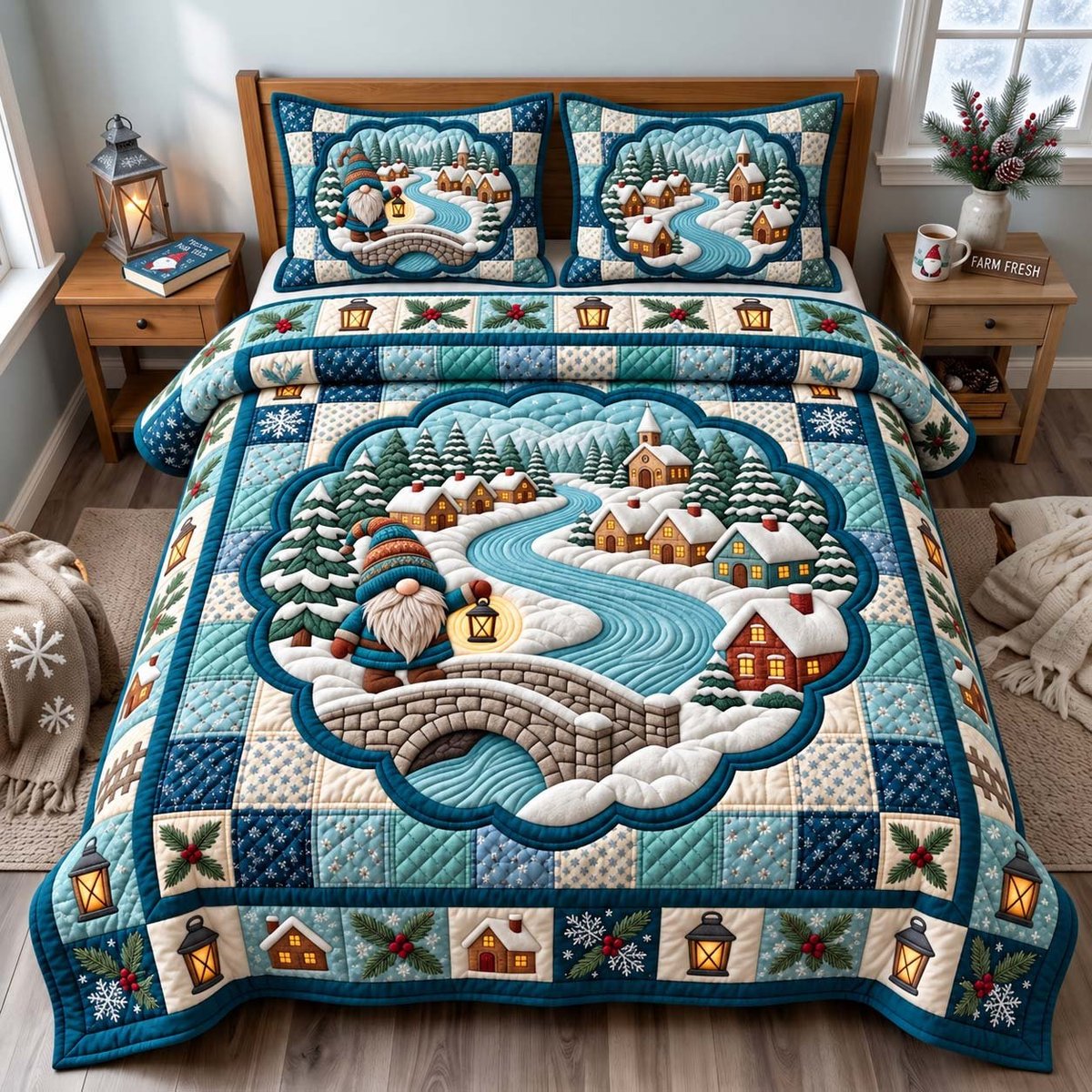 Gnome Winter Village 3 Piece Quilted Bedding Set Gift For Holiday Decor Lovers
