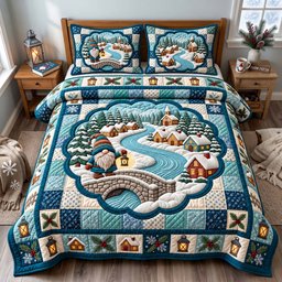 Gnome Winter Village 3 Piece Quilted Bedding Set Gift For Holiday Decor Lovers