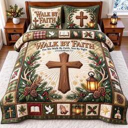 Walk by Faith Christian 3 Piece Quilted Bedding Set Gift For Christians