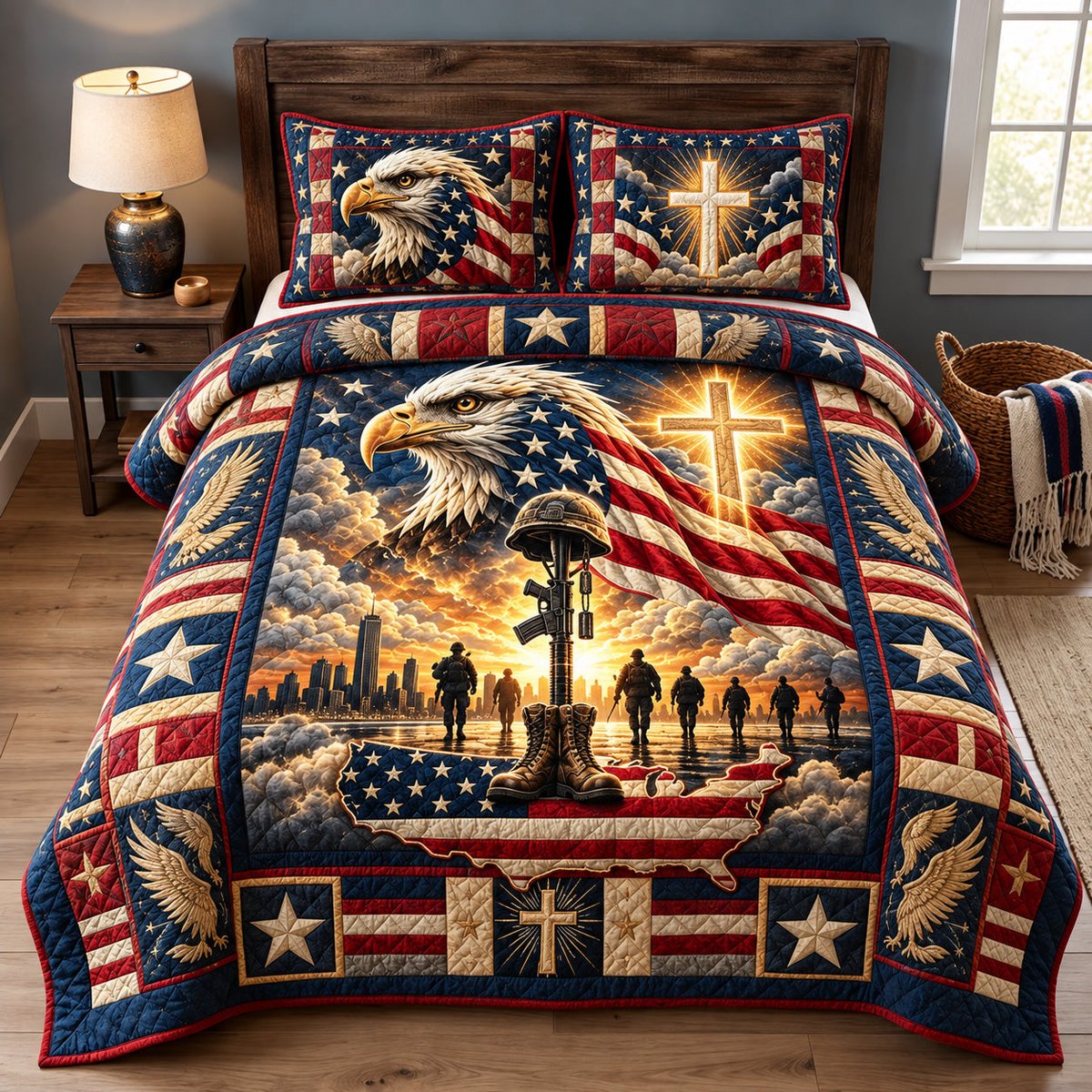 Faith and Freedom 3 Piece Quilted Bedding Set Gift For Christians