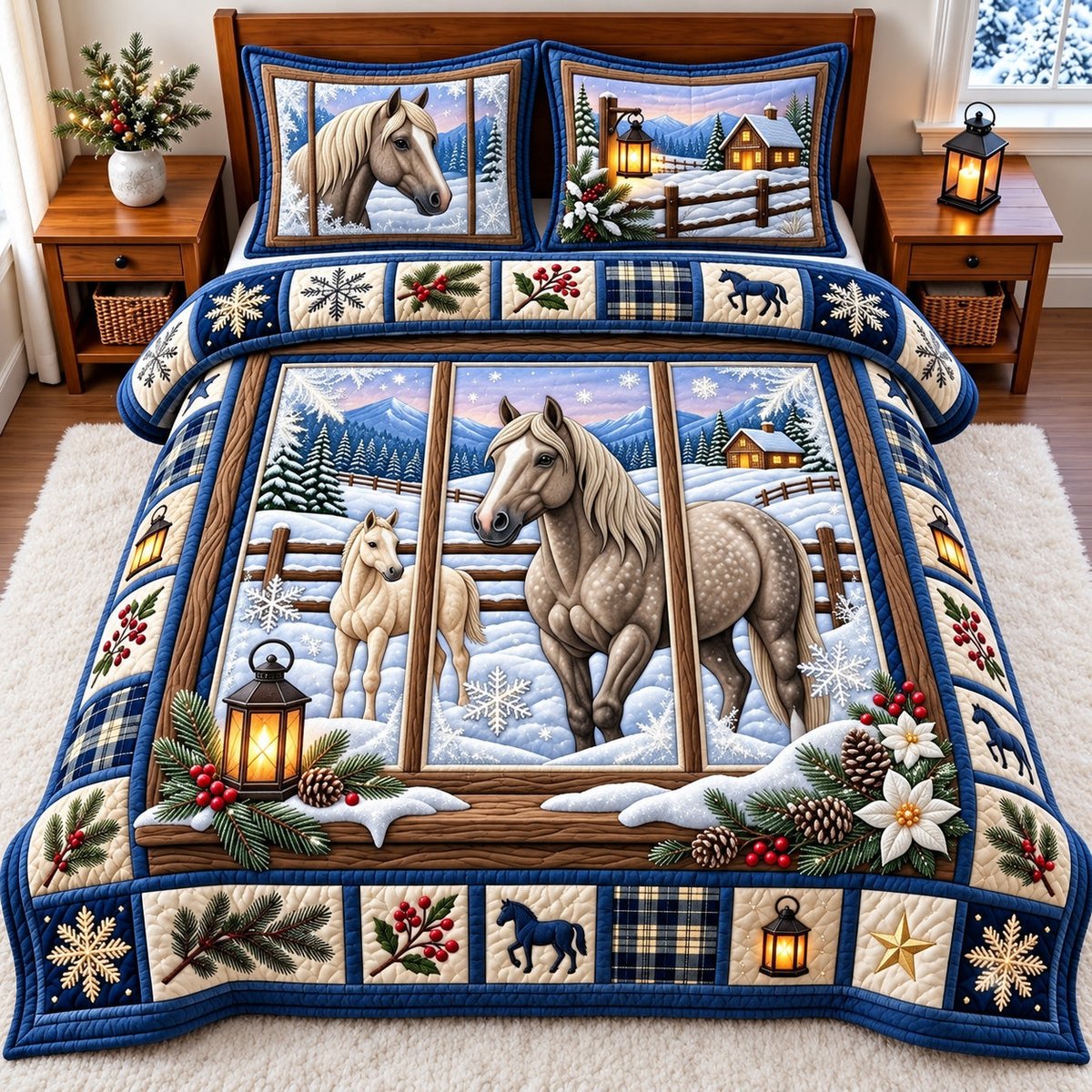 Snowy Horse 3 Piece Quilted Bedding Set Gift For Horse Lovers