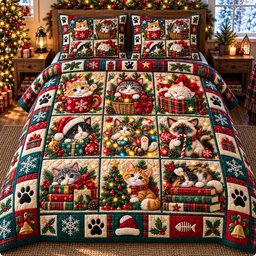 Festive Cat 3 Piece Quilted Bedding Set Christmas Gift For Cat Lovers