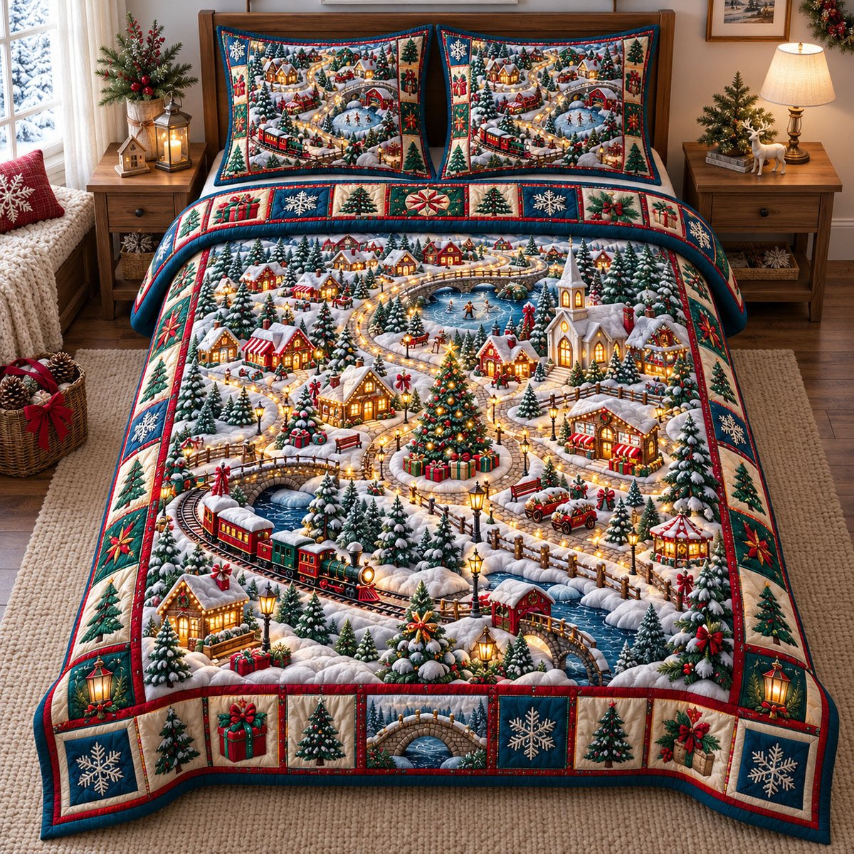 Village 3 Piece Quilted Bedding Set Christmas Gift For Holiday Decor Lovers