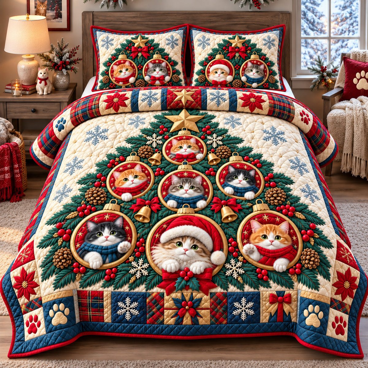 Cat Ornament Tree 3 Piece Quilted Bedding Set Christmas Gift For Cat Lovers