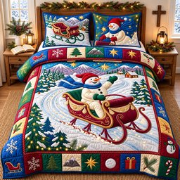 Snowman Sleigh Racing 3 Piece Quilted Bedding Set Christmas Gift For Holiday Decor Lovers