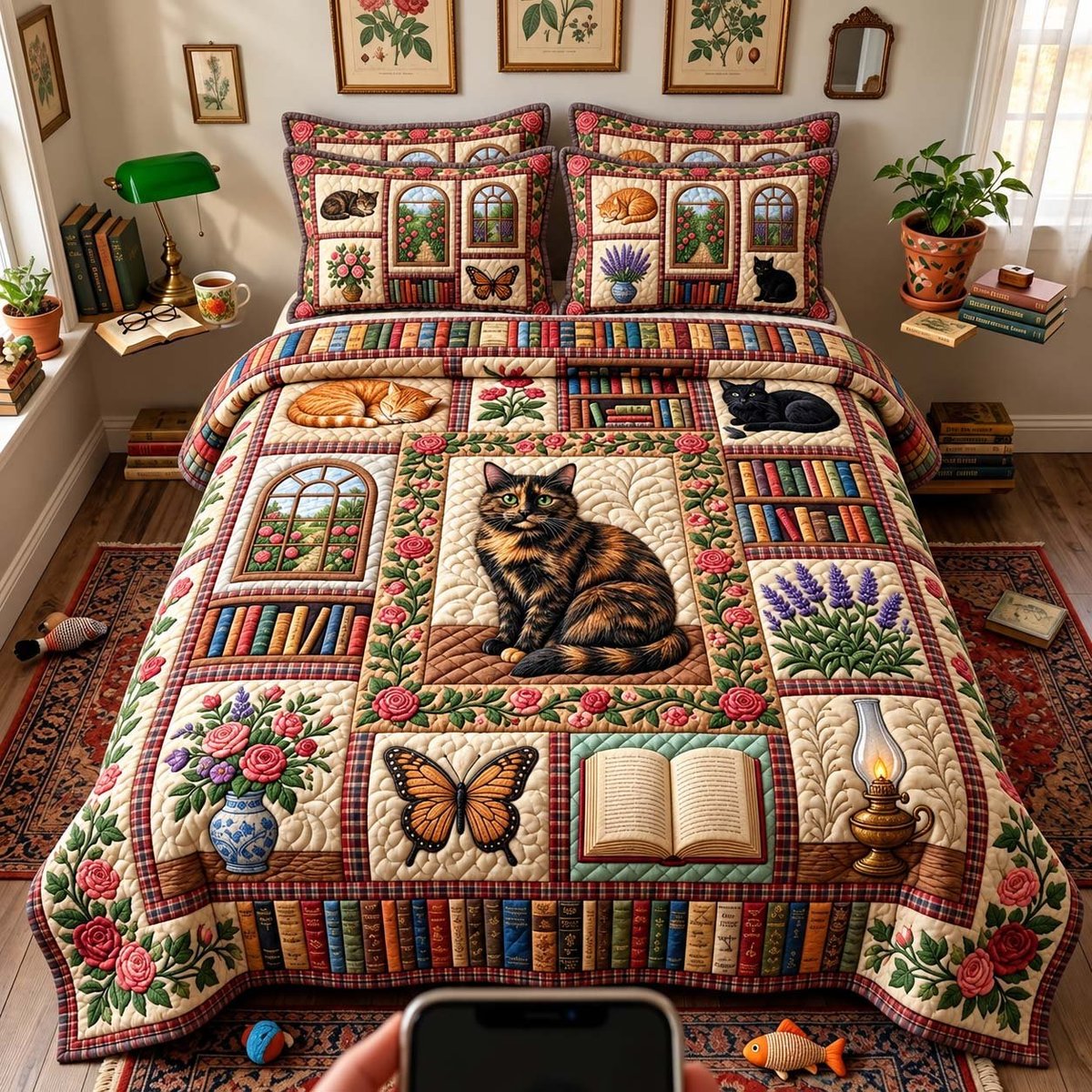 Vintage Library Cat 3 Piece Quilted Bedding Set Gift For Cat Lovers