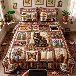 Vintage Library Cat 3 Piece Quilted Bedding Set Gift For Cat Lovers