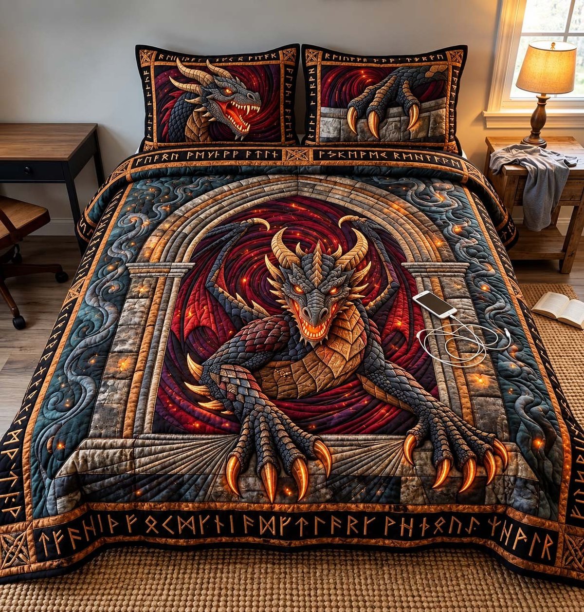 Ancient Rune Dragon 3 Piece Quilted Bedding Set Gift For Fantasy Lovers