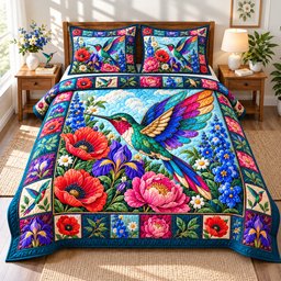 Hummingbird Jewel Garden 3 Piece Quilted Bedding Set Gift For Bird Lovers