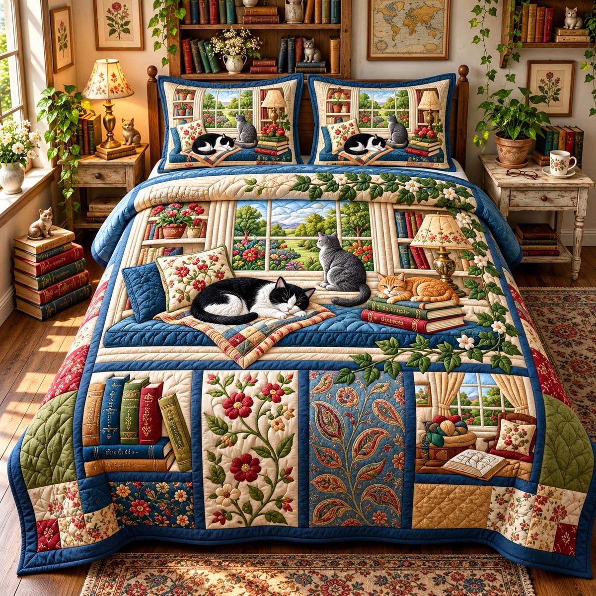 Cats by the Window 3 Piece Quilted Bedding Set Gift For Cat Lovers
