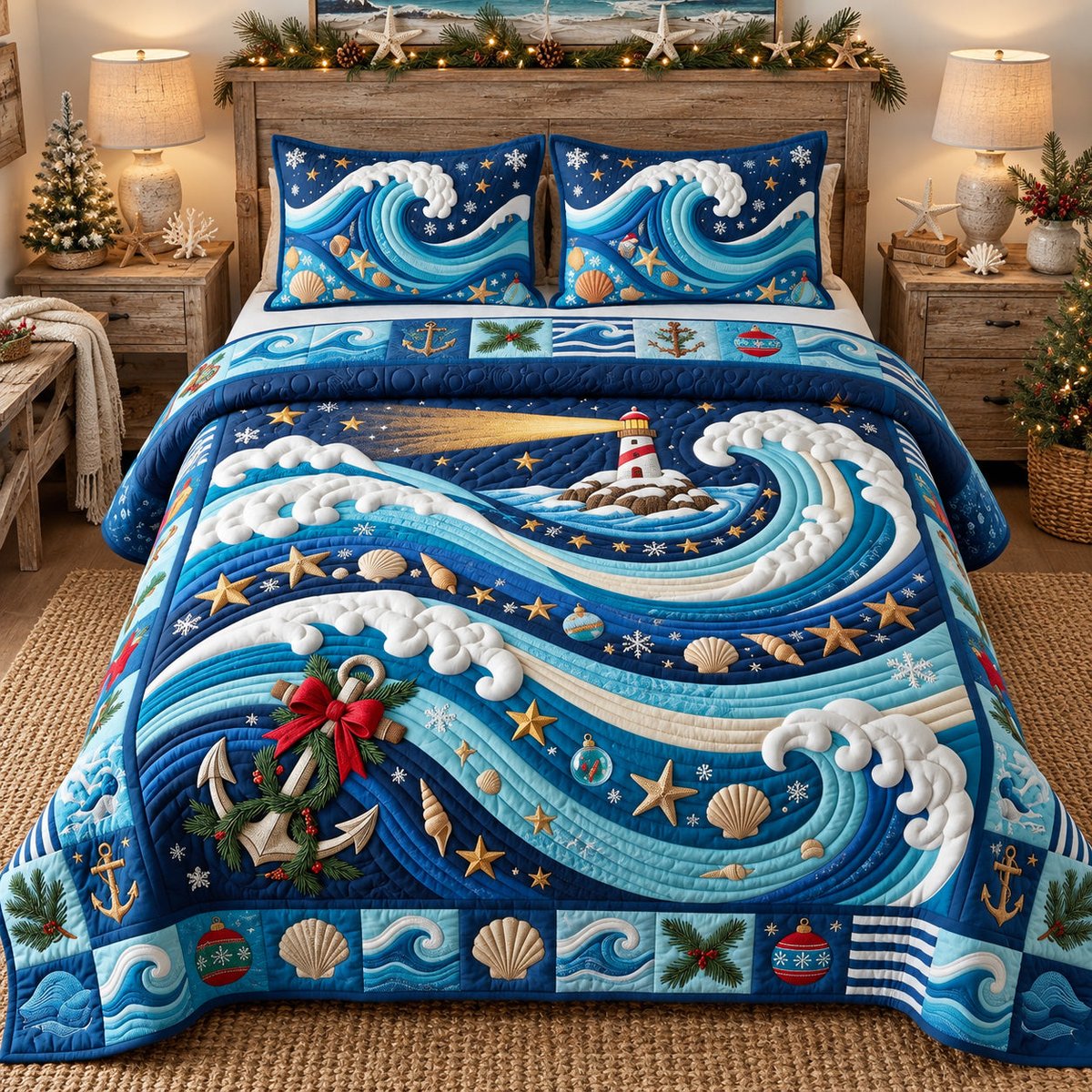 Nautical Waves 3 Piece Quilted Bedding Set Christmas Gift For Beach Lovers