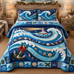 Nautical Waves 3 Piece Quilted Bedding Set Christmas Gift For Beach Lovers