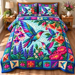Hummingbird Blossom Haven 3 Piece Quilted Bedding Set Gift For Bird Lovers