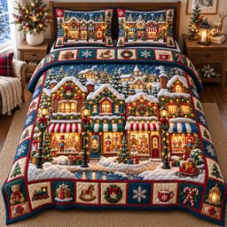 Village 3 Piece Quilted Bedding Set Christmas Gift For Holiday Decor Lovers